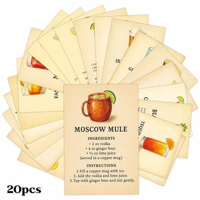 20张复古鸡尾酒配方明信片套装，必备饮品配方墙贴拼贴套装，包含配料和说明，插图鸡尾酒配方装饰卡片，适用于家居和酒吧