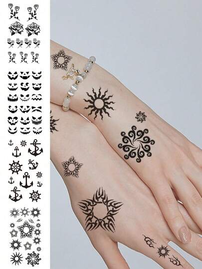 4 Blatt Körperkunst temporäre Tattoo Aufkleber, unisex, schwarzes Anker Rose Stern Muster, wasserfeste Fake Tattoos, halten 2-5 Tage, können an Fingern, Armen, Hals, Schultern, Brust, Taille und Beinen verwendet werden, können frei kombiniert werden, geeignet für Urlaubsfeste, Musikfestivals und als Geschenke, auch geeignet für Halloween Körperbemalung Dekoration.