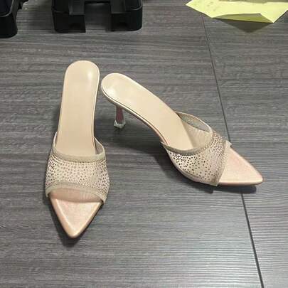 Giày sandal cao gót mũi nhọn bằng lưới đính đá, đa năng, phong cách thường ngày dành cho nữ.