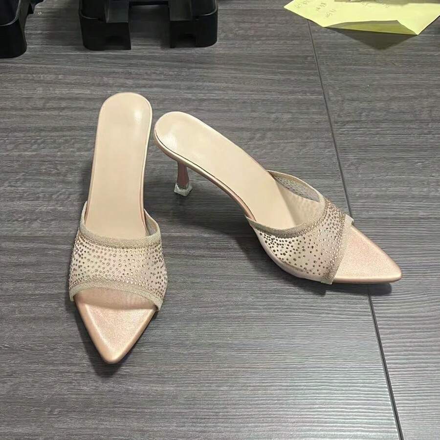 女士时尚休闲日常百搭水钻网眼高跟尖头凉鞋 - 粉色 - 查看 1