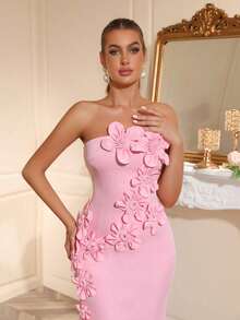 Vestido de noite sereia sem mangas, feito à mão com estampa floral 3D, elegante e formal, ideal para convidadas de casamento, aniversários, formaturas, galas, bailes de boas-vindas e festas. - Rosa - Ver 8