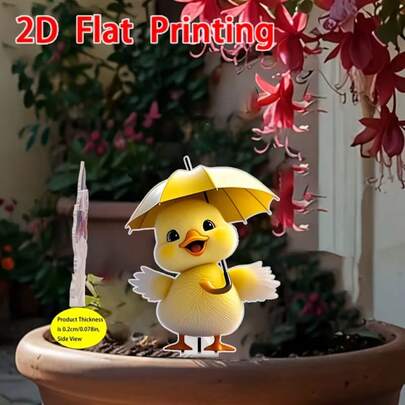 2D Canard jaune plat en acrylique tenant un parapluie, décoration vivante et mignonne pour jardin/pelouse/plante en pot, convient pour les vacances en extérieur, la chambre, la décoration de la cour, un beau cadeau pour la famille, les amis, les voisins pour toutes les fêtes, le Ramadan, Pâques