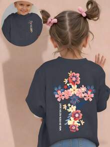 1pc Young Girl Floral Print Casual Loose Comfortable Soft T-Shirt, Suitable For Beach, Vacation, Daily Casual Wear, Summer, Cute - Dark Grey - View 2