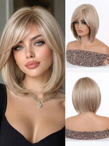 10英寸金根深色挑染短直波波头假发，女士耐热合成纤维假发，带刘海，黑白中分短直发假发，美丽日常女士合成纤维假发 - 挑染金色 - 查看 3