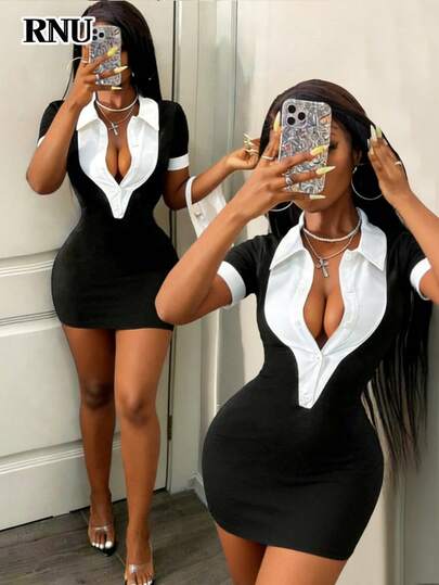 RNU Women's Black Knit Dress With White Shirt Collar, Contrast Design, Sexy Party Dress, Nightclub Dress, Spring/Summer New Dress, Valentine's Day Date Dress, Carnival/New Year/Birthday Dress, Pool Party Dress, Ball Gown, Concert Dress, Bodycon Dress, Work Dress, Short Mini Dress