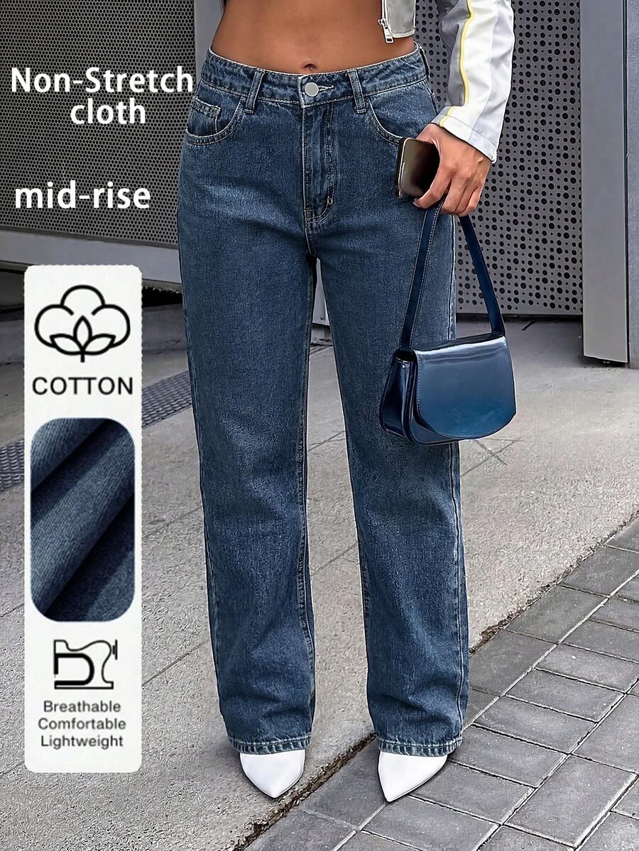 欧美风流行简约休闲百搭中腰直筒牛仔裤，春季款 - 深色水洗藍 - 查看 1