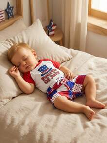 Baby Boy 4th Of July Outfit Patriotic Short Sleeve Flag Embroidery Striped Romper With Star Print Shorts 2Pcs Set , 4th Of July Baby Boy Outfit  0-3Months 3-6Months 6-12Months12-18Months - 白色 - 查看 5
