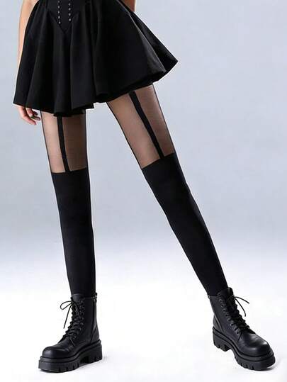 1 đôi quần tất nữ dài đến đầu gối màu đen kẻ sọc dọc, chất liệu nylon co giãn cao, phù hợp cho cả bốn mùa, mặc hàng ngày, dự tiệc, khiêu vũ Latin và biểu diễn.