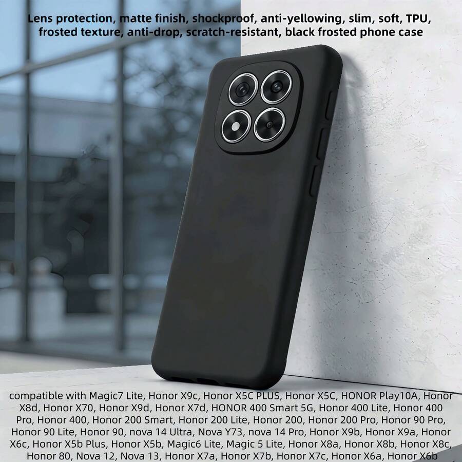 Black Phone Case Compatible With Magic7 Lite, Honor X9c, Honor X5C PLUS, Honor X5C, Honor Play10A, Honor X8d, Honor X70, Honor X9d, Honor X7d, Honor 400 Smart 5G, Honor 400 Lite, Honor 400 Pro, Honor 400. Features Lens Protection, Shock-Proof, Scratch-Resistant. Prevents Daily Bumps And Protects The Phone's Back Cover And Frame. Made Of TPU Material, Thin, Soft, And Matte Texture. - Black - View 1