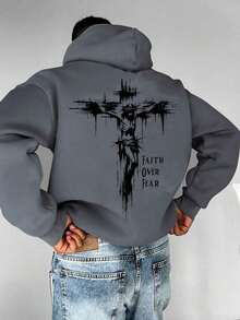 Nueva ropa de moda: Sudadera con capucha y cordón ajustable para hombre, corte holgado, con estampado de cruz de Jesús y letras, para primavera/otoño, manga larga. - Gris - Ver 8