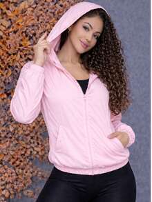 Women's Sports Jacket With Front Pockets And Hood - Baby Pink - View 3