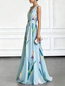Đầm dạ hội dài màu xanh dương thanh lịch, quyến rũ, cổ chữ V sâu, in họa tiết hoa, nền xanh nhạt với họa tiết hoa tulip, thiết kế cổ chữ V chéo ở eo, thích hợp cho các bữa tối trang trọng, đám cưới, tiệc tùng, ngày lễ, họp mặt, hẹn hò đêm, kỳ nghỉ. - Màu xanh lam - Xem 3