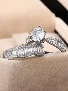 2pcs Luxurious Cubic Zirconia Stone Rings, Suitable For Women, Ideal For Weddings, Engagements, Anniversary Parties, Valentine's Day Gifts - Silver - View 8