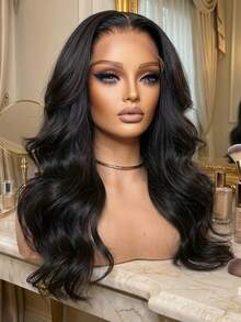 13*4 前蕾丝混合假发，黑色带浅棕色挑染，多层优雅迷人假发，真人发和合成发混合假发，适合日常佩戴、派对、节日和角色扮演，女士发型 - 黑色 - 查看 4