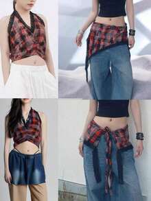 New Plaid One-Piece Waist Skirt With Decorative Drawstring, Unisex High Waist Tie-Up Versatile Skirt With Ruffle Hem Design, Suitable For Matching Family Outfits, Autumn/Winter - 橘色咖啡網格 - 查看 8