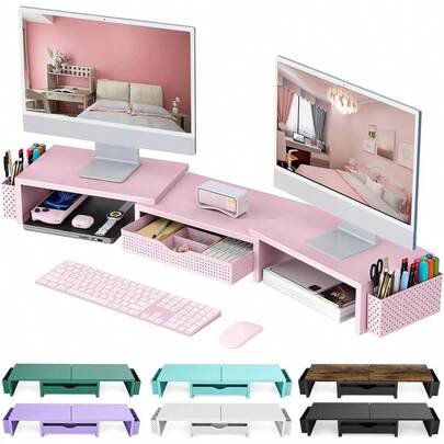 Dual Monitor Stand Riser, Desk Organizer With Drawer And 2 Pen Holders, Desk Organizers And Accessories, Pink Office Supplies (Pink)