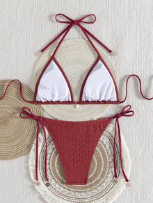 Premium European Halter Bikini With Striped Wavy Split Design, Stylish Color-Block Swimwear Summer - Big Red - View 7