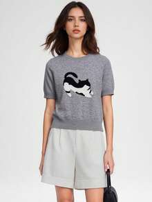 Alicedudu 女士休闲可爱简约趣味动物印花圆领短袖针织T恤，夏季 - 淺灰色 - 查看 4