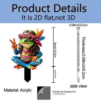 1件2D亚克力平面镂空装饰牌，带尖底，适合花园装饰，嬉皮风格青蛙手持和平手势，可与盆栽植物搭配美化花园，非常适合户外庭院装饰。