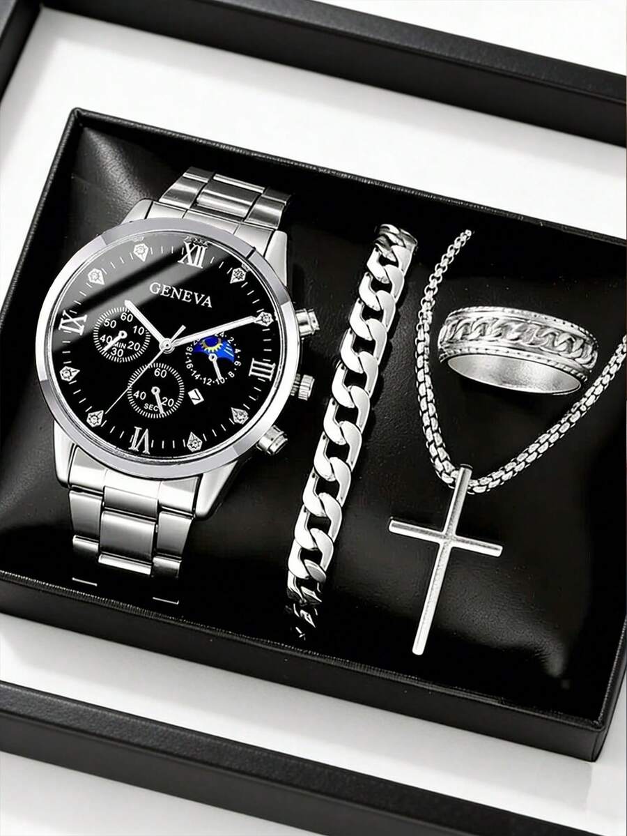 Bộ quà tặng "Phong cách công sở" 4 món của GENEVA: Gồm đồng hồ nam quartz dây thép đen bạc hiển thị chu kỳ mặt trăng, vòng tay mắt xích kiểu , dây chuyền hình thánh giá và nhẫn xoắn. Đồng hồ có mặt số đen bóng bẩy với chữ số La Mã và thiết kế ba mặt số phụ hiển thị chu kỳ mặt trăng; dây thép bạc được đánh bóng toát lên vẻ mạnh mẽ, nam tính. - Bạc - Xem 1