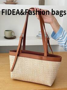 New Arrival Spring/Summer Vacation Season Straw Patchwork Tote Bag, Large Capacity Resort Style Versatile Tote Bag, Polyester & Faux Leather Material, Adjustable Strap, Suitable For Daily, Commute, Vacation - Brown - View 8