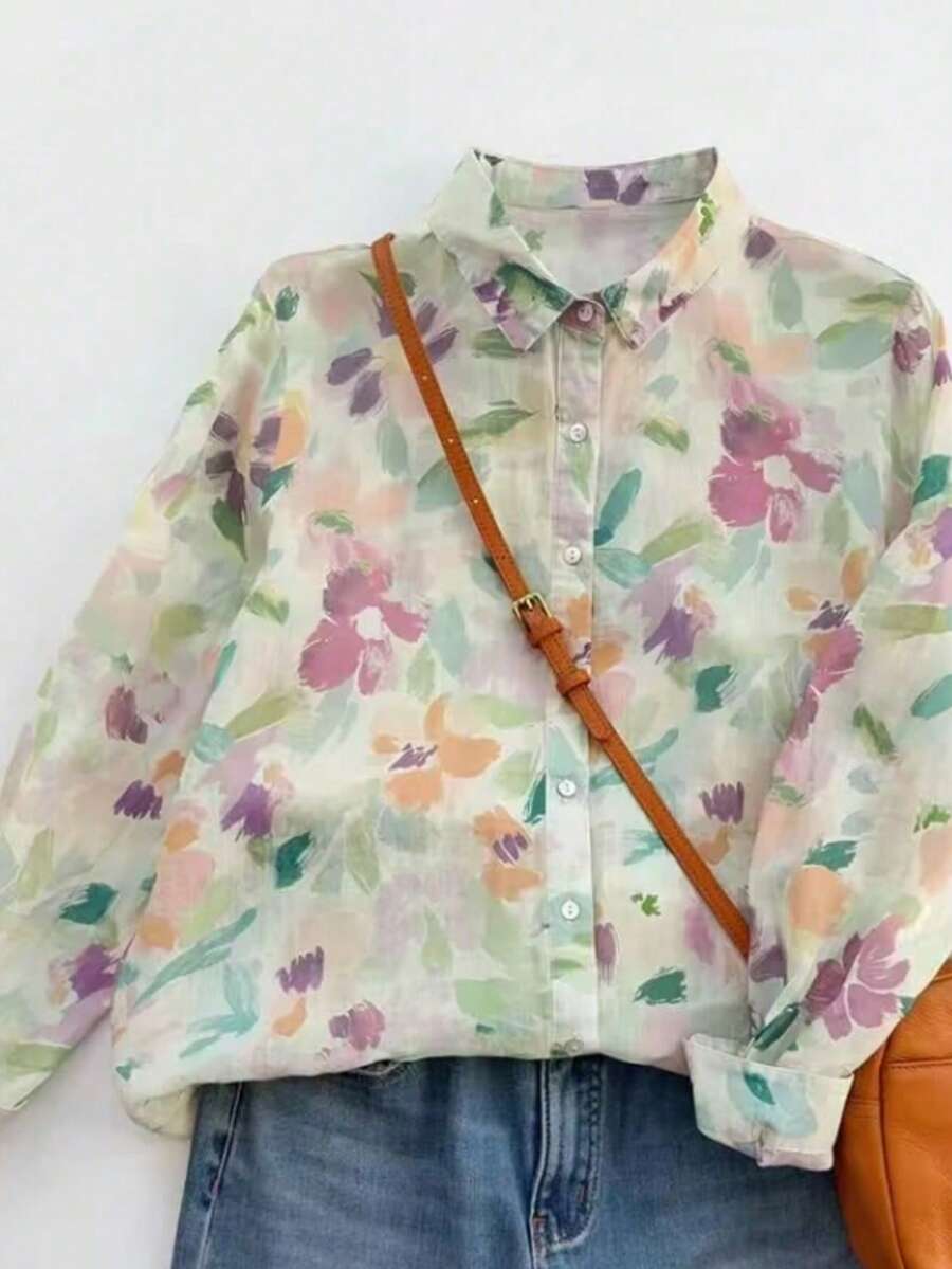 Women's Floral Print Long Sleeve Single-Breasted Casual Shirt Vacation Spring - Green Pink - View 1