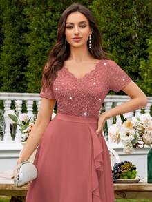 MIUSOL V-Neck Sequin Floral Lace Ruffle Trim Chiffon Prom Party Swing Dress,Elegant Party Dress For Women Summer - Dusty Pink - View 10
