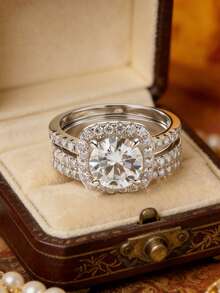 Set de 2 anillos de mujer elegantes con circonita sintética, diseño brillante y de temperamento, ideal para uso diario, banquetes, fiestas y días festivos, estilo apilable, regalo del Día de San Valentín (sin caja) - Blanco - Ver 1