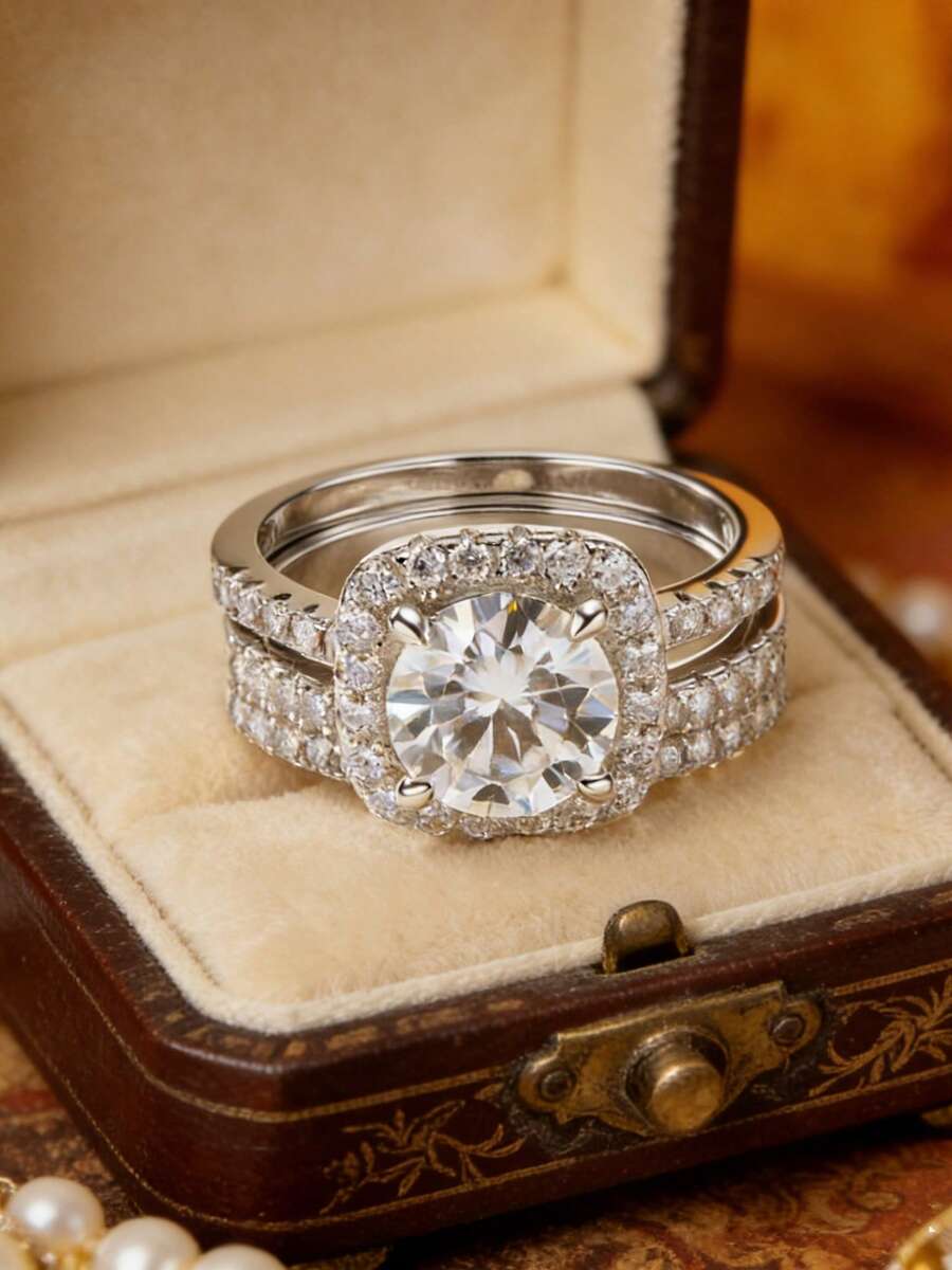 Set de 2 anillos de mujer elegantes con circonita sintética, diseño brillante y de temperamento, ideal para uso diario, banquetes, fiestas y días festivos, estilo apilable, regalo del Día de San Valentín (sin caja) - Blanco - Ver 1