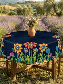1pc Bohemian Floral Print Navy Blue Tablecloth, Waterproof Stain Resistant Polyester Wide Table Cover, Colorful Folk Flower Pattern Tablecloth For Dining Kitchen Patio Party Home Decor - Multicolor - View 1