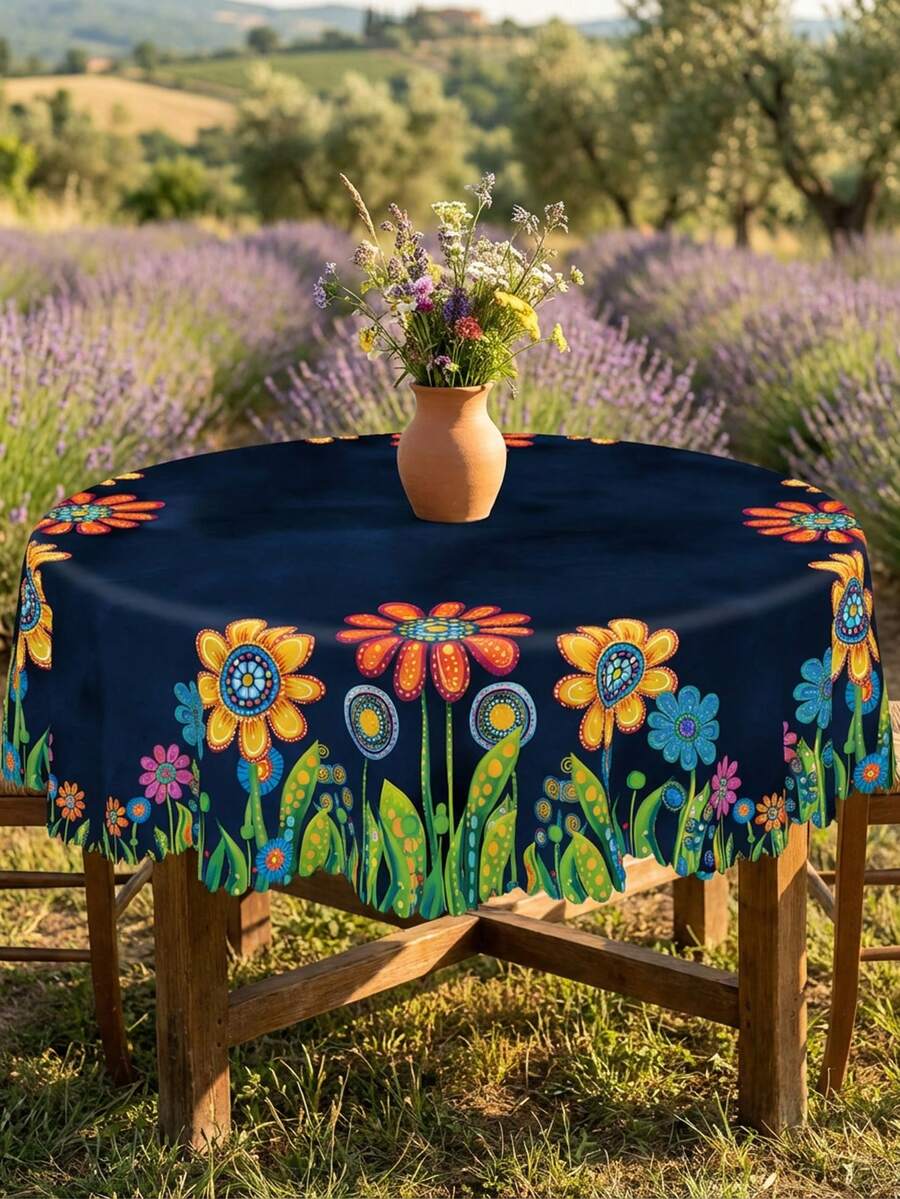 1pc Bohemian Floral Print Navy Blue Tablecloth, Waterproof Stain Resistant Polyester Wide Table Cover, Colorful Folk Flower Pattern Tablecloth For Dining Kitchen Patio Party Home Decor - Multicolor - View 1