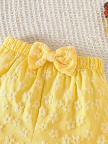 Young Girls' Spring/Summer Textured Floral Ruffle Sleeve Bow Top + Frill Hem Shorts Sweet 2-Piece Set - Yellow - View 5
