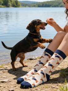 1 đôi tất nữ kiểu dáng thường ngày, họa tiết chó Dachshund ngộ nghĩnh và thời trang, dài đến bắp chân. - Nhiều màu - Xem 5