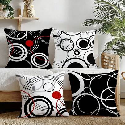 4pcs Abstract Geometric Circle Pattern Throw Pillow Covers, Polyester Decorative Cushion Covers Suitable For Sofa, Bed, Car And Living Room Decor, Black & White With Red Accents, No Inner Pillow