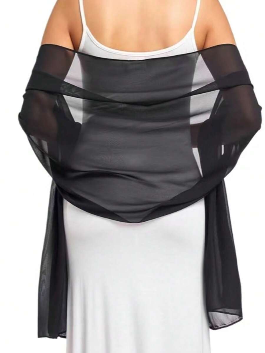 Women's Soft Solid Color Transparent Tulle Shawl Evening Party Dress Accessory Chiffon Scarf - Black - View 1