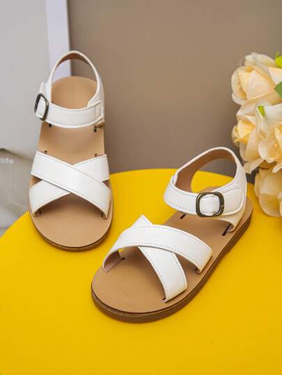 1 Pair Kids' White Classic Criss-Cross Strap One-Strap Design Sandals, Suitable For Spring/Summer, Minimalist Versatile, Open Toe Breathable, Suitable For Beach, Travel And Various Occasions, Kids Love Them