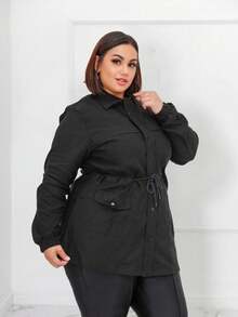 Plus Size Winter Overcoat In Bengaline Fabric With Drawstring, Zipper, And Button Closure. This Winter Parka Coat/Blouse Is Perfect For Sizes G1, G2, And G3. - màu đen - Xem 2