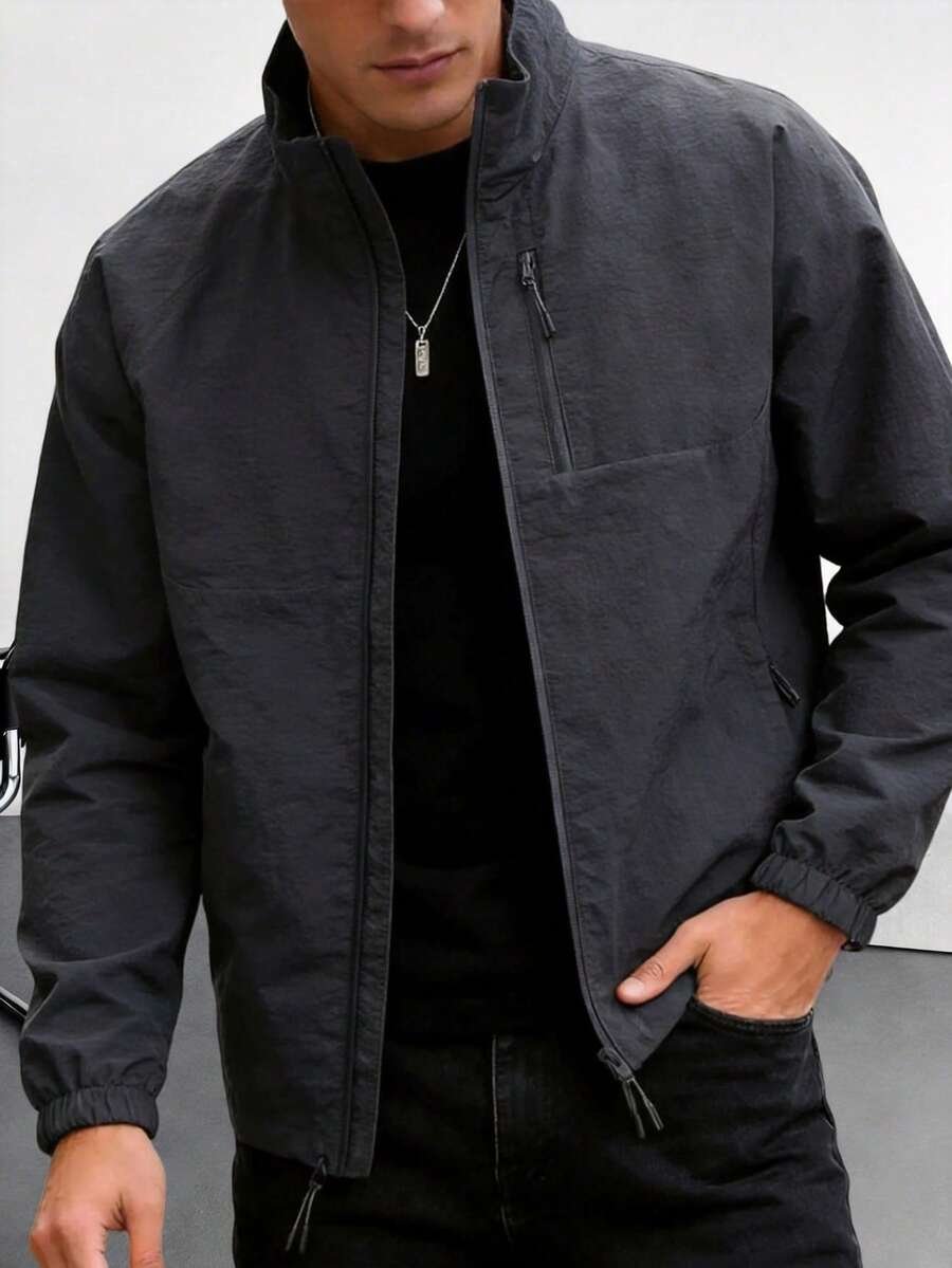 1件装 Blueprint 男士黑色褶裥纹理立领多拉链夹克，简约休闲复古风格外套，适合日常穿着 - 黑色 - 查看 1