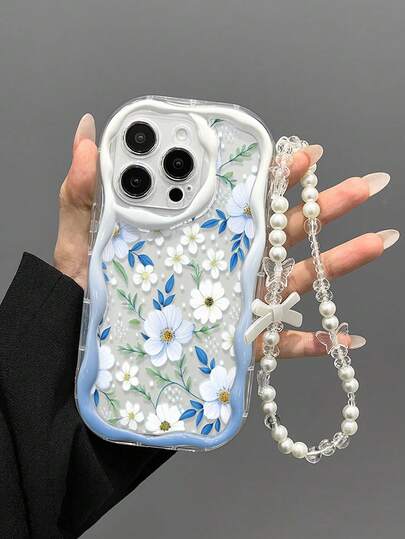 เคสโทรศัพท์กันกระแทกสีฟ้าใสลายดอกไม้สีครีมพร้อมโซ่, ใช้ได้กับ IPhone 14, 14 Pro, 14 Pro Max, 13, 13 Pro, 13 Pro Max, 11, 11 Pro Max, 12, 12 Pro, 12 Pro Max, XR, XS, 15, 15 Pro, 15 Pro Max, 16, 16 Pro, 16 Pro Max, 17, 17 Pro, 17 Air, 17 Pro Max, Galaxy S24, A04, A12, A13, A14, A23, A24, A32, A33, A51, A52, A53, A54, A72, S20 FE, 9, 9A