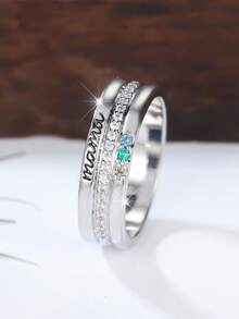 Vanel 1 pièce Bague empilable élégante en argent gravée "Maman" avec cubique zircone multicolore pour femmes, bague délicate sertie de CZ, bijou de mode à la mode, pour un port quotidien et cadeau pour la fête des mères - Argent-Multicolore - Voir 2