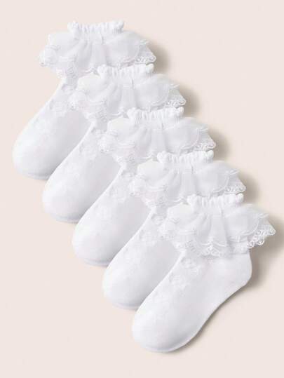 5/1 Pair Spring/Summer Thin Girls White Double-Layer Lace Trim Socks, Elegant Fashion Comfortable Dance Socks, Casual Versatile Breathable Mesh Short Socks, Suitable For Birthday Gift, Dance Performance, School Activities, Daily Wear