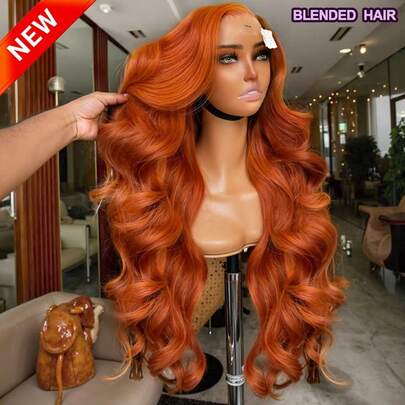 34 Inch 200% Density Body Wave 13x4 Lace Frontal Wigs Glueless - Pre-Plucked Brazilian Virgin Loose Wave Real Hair Transparent HD Lace Front Wigs - #350 Ginger Orange Color Wear And Go Human Blended Hair Middle Part Wigs - Suitable For All People Daily Use