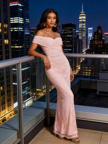 Women's Elegant Fashionable Lace Ruffle Slit Bodycon Off Shoulder Long Party Evening Dress, Suitable For Daily And Special Occasions, Formal, Gown, For Wedding Guest, Valentine's Day Spring Pink - Pink - View 6
