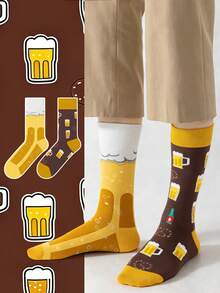 男士不对称啤酒图案袜子一双，棕色和黄色，个性化艺术设计，透气棉质，适合旅行、居家、办公、节日礼物 - 彩色 - 查看 10