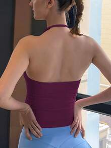 YEOREO SoftHue Impact LonglineStrappy Top Women's Halter WorkoutTank Tops Backless Gym Longline WithAdjustable Strap - 黑櫻桃 - 查看 3