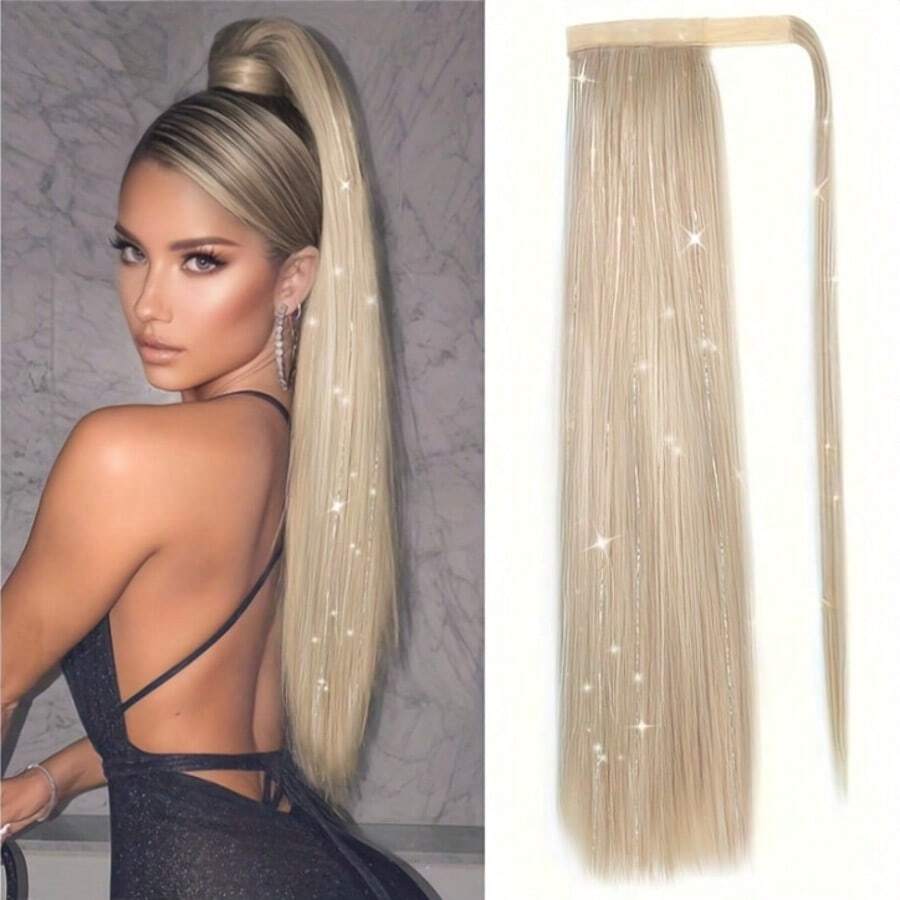 Tóc đuôi ngựa thẳng, tóc thật, kiểu quấn quanh, tóc nối Remy dày tự nhiên dành cho phụ nữ.