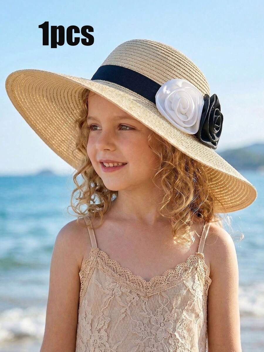 1 chiếc mũ rơm vành rộng màu be họa tiết hoa đen trắng cho bé gái, mũ chống nắng mùa hè cho bé khi đi biển/nghỉ mát, nhẹ và thoáng khí, phù hợp cho bé từ 3-8 tuổi. - 1PC - Xem 1