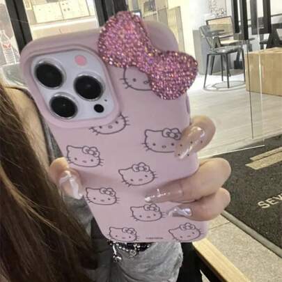 SANRIO 蝴蝶结Hello Kitty猫咪皮革图案手机壳，兼容苹果17 Pro Max/16/15/14/13/12/11