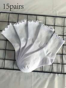 5 Pairs Mid-Calf Socks, Solid White With Striped Ruffle Design, Suitable For Home, Travel, Vacation And Autumn/Winter Seasons - White - View 11