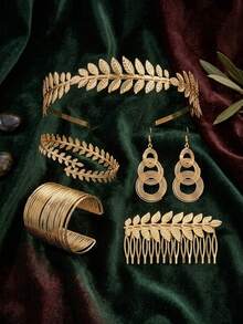 5件套希腊女神风格服装及配饰套装，包括树叶皇冠、发箍、手镯、耳环、新娘头饰、万圣节主题 - 彩色 - 查看 6